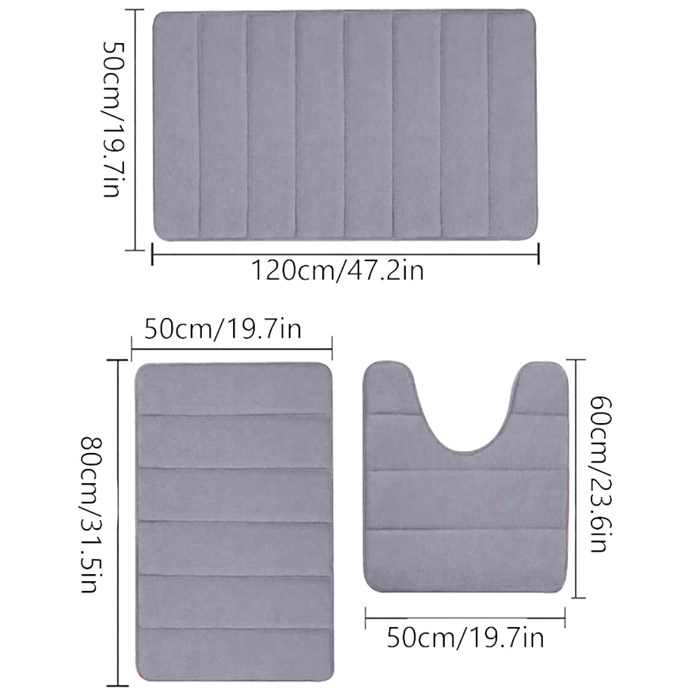 3 Pieces Set Water Absorption Bathroom Floor Mats Non-Slip Bath Mats Light Gray