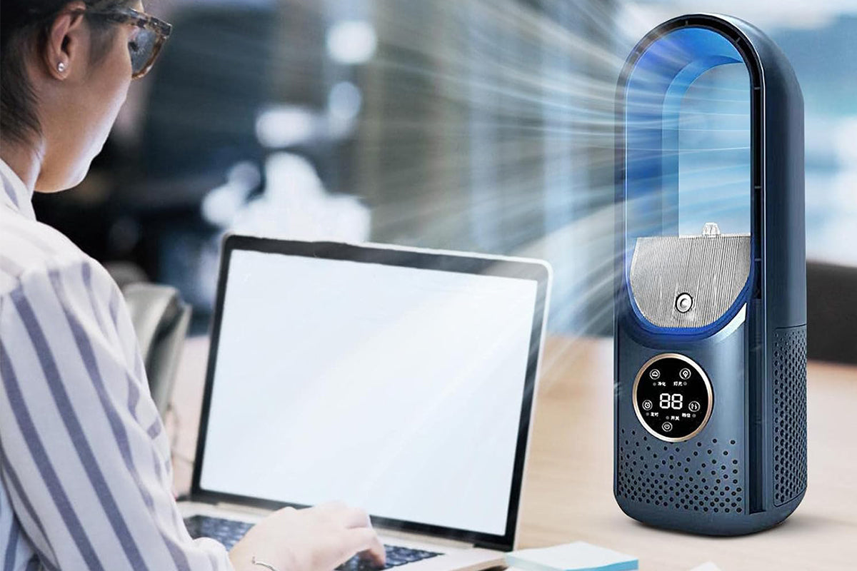 Desk Bladeless Fan with Humidifier USB-Powered Portable Air Conditioner Fan with LED Display-Blue