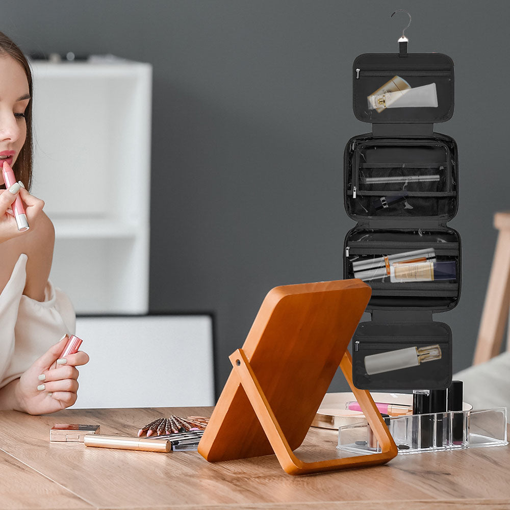 Travel Toiletry Bag with Jewelry Organizer Hanging Travel Makeup Cosmetic Bag Organizer Black