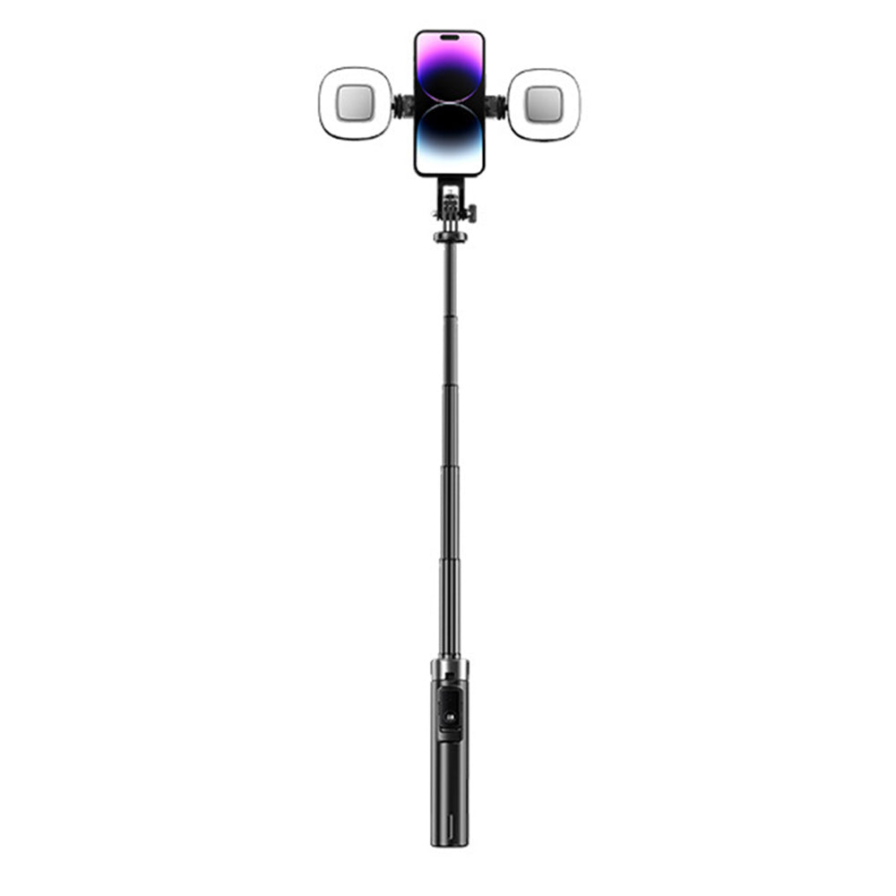 Portable Phone Tripod Stand Retractable Selfie Stick with Remote Control and Fill Light for Photograph Video Recording Black