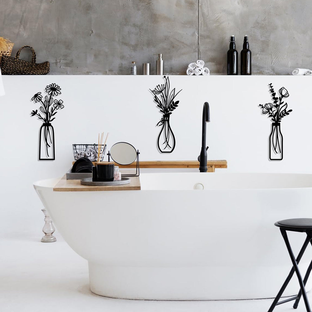 3Pcs Set Metal Flowers Wall Arts Minimalist Wall-Mount Flower Decors for Home Office Black