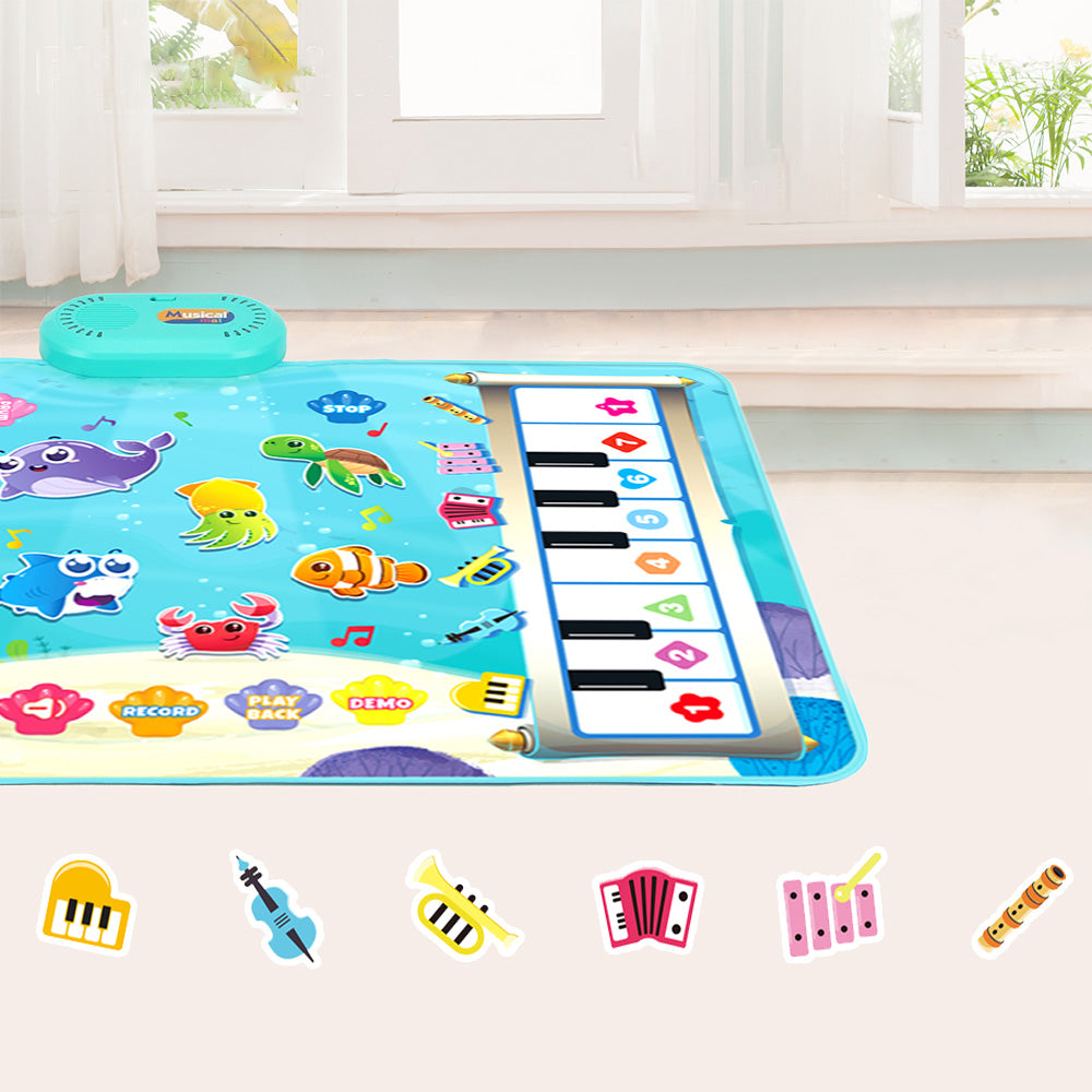 2-in-1 Piano Drum Mat Music Touch Music Mat Toys with 6 Instrument Sounds for Kids Blue