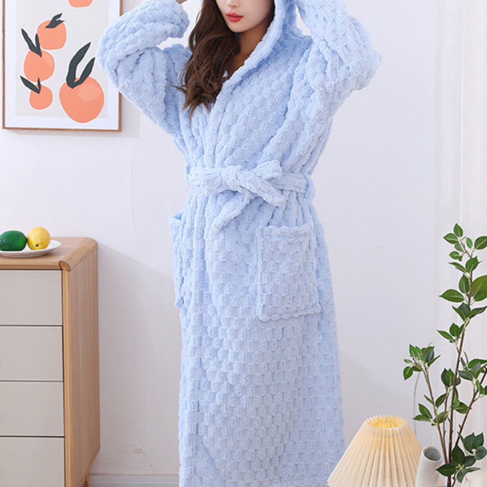 Women Bathrobe Long Winter Warm Wearable Bathrobe Blue