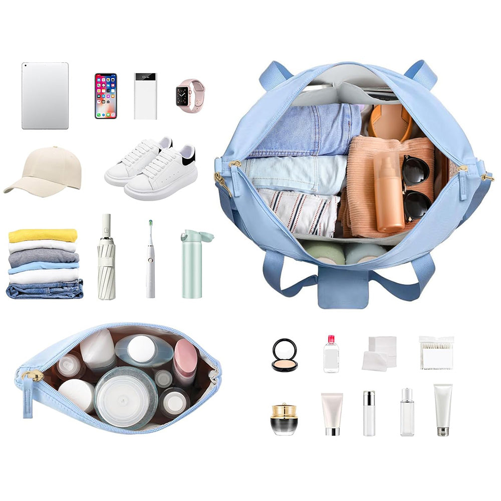 37L Women Fitness Travel Bag Waterproof USB Charging Carry-On Overnight Sky Blue