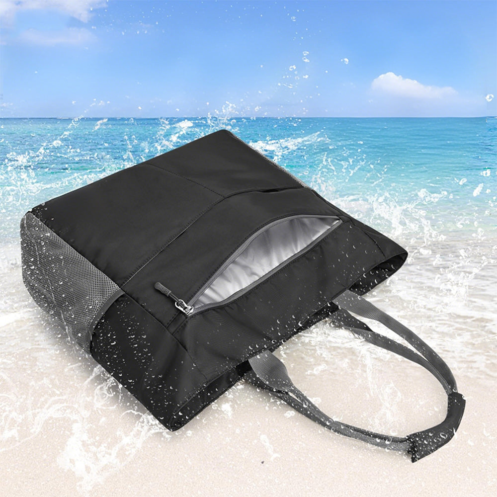 Beach Bag Large Foldable Sandproof Totes Bag With Zipper Beach Shoulder Bag-Black