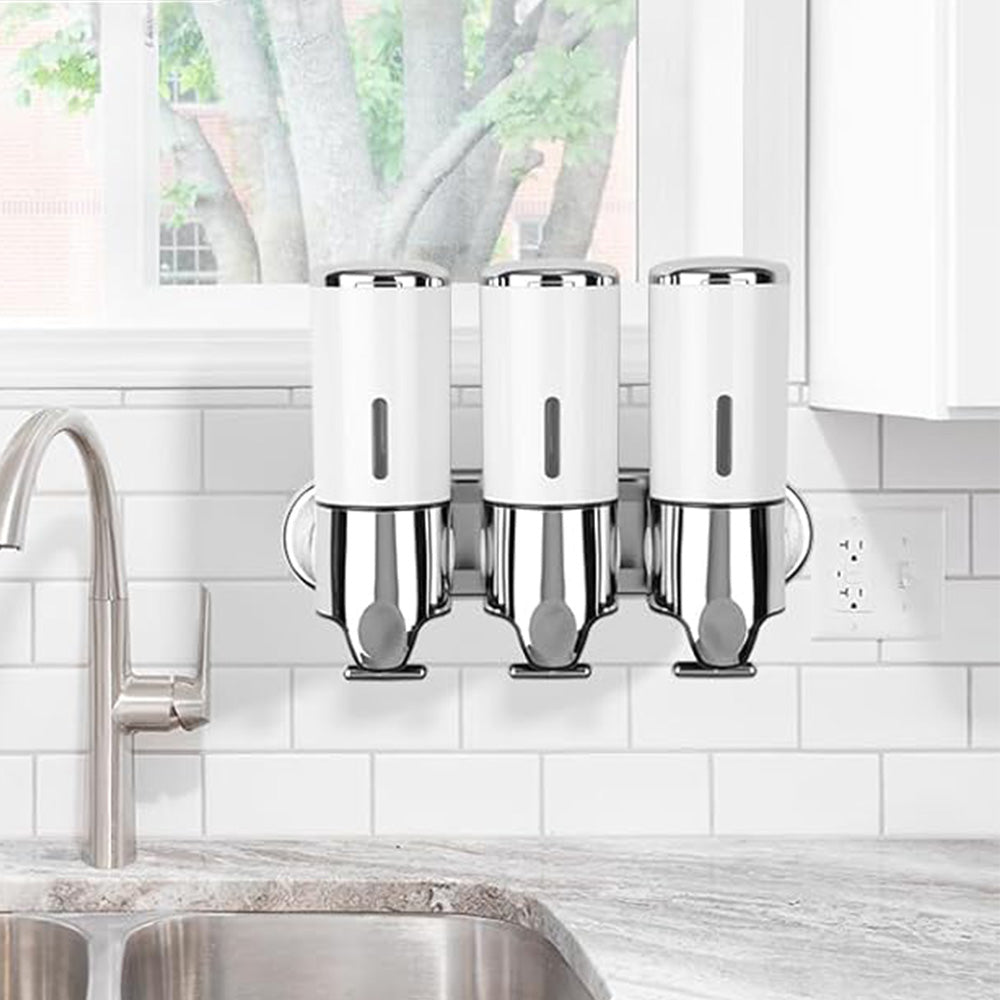 3-Chamber Shower Soap Dispenser Wall-Mounted Shampoo and Conditioner Dispenser with Visible Window White