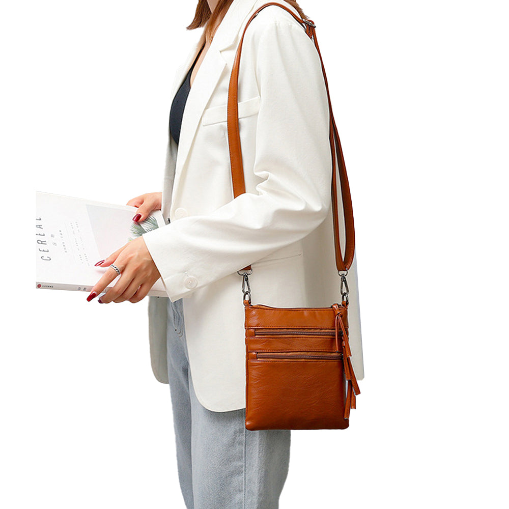 Multi Zipper Pocket Women's Mobile Phone Bag Crossbody Bag Shoulder Bag Brown