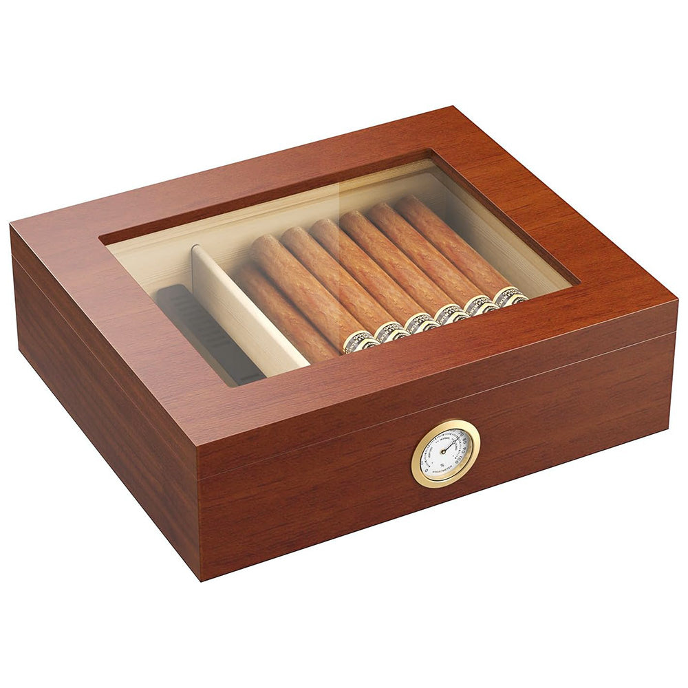 For 10 Cigars Cigar Humidor Desktop Box with Humidifier and Hygrometer Brown