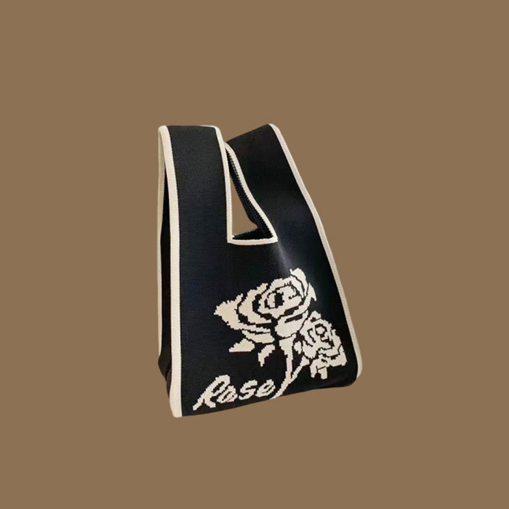 Hooking Tote Bag Small Cute Knot Wristlet Knitted Bag Knitted Wrist Purse Black Rose