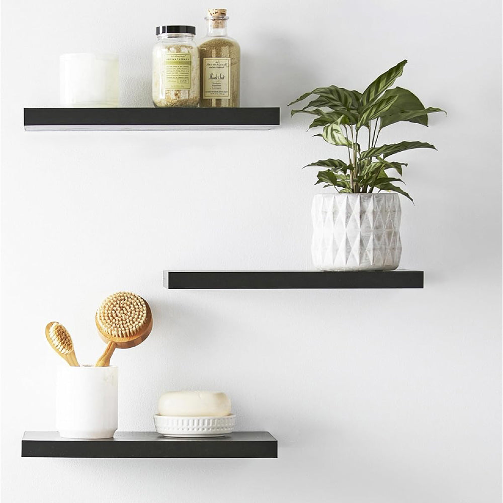 3Pcs Set Wall Mounted Floating Shelves Hanging Wood Storage Shelves for Home Bathroom Black