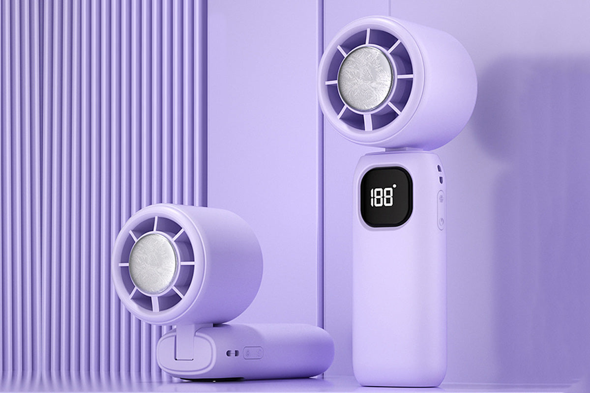 100 Speeds Digital Display Cooling Fan USB Fan with Lanyard and Phone Holder Base-Purple