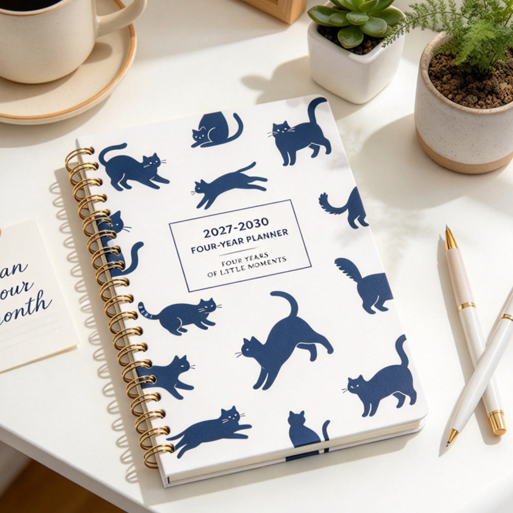 2027 to 2030 Four Year A5 Spiral Monthly Goal Planner Notebook - Cat