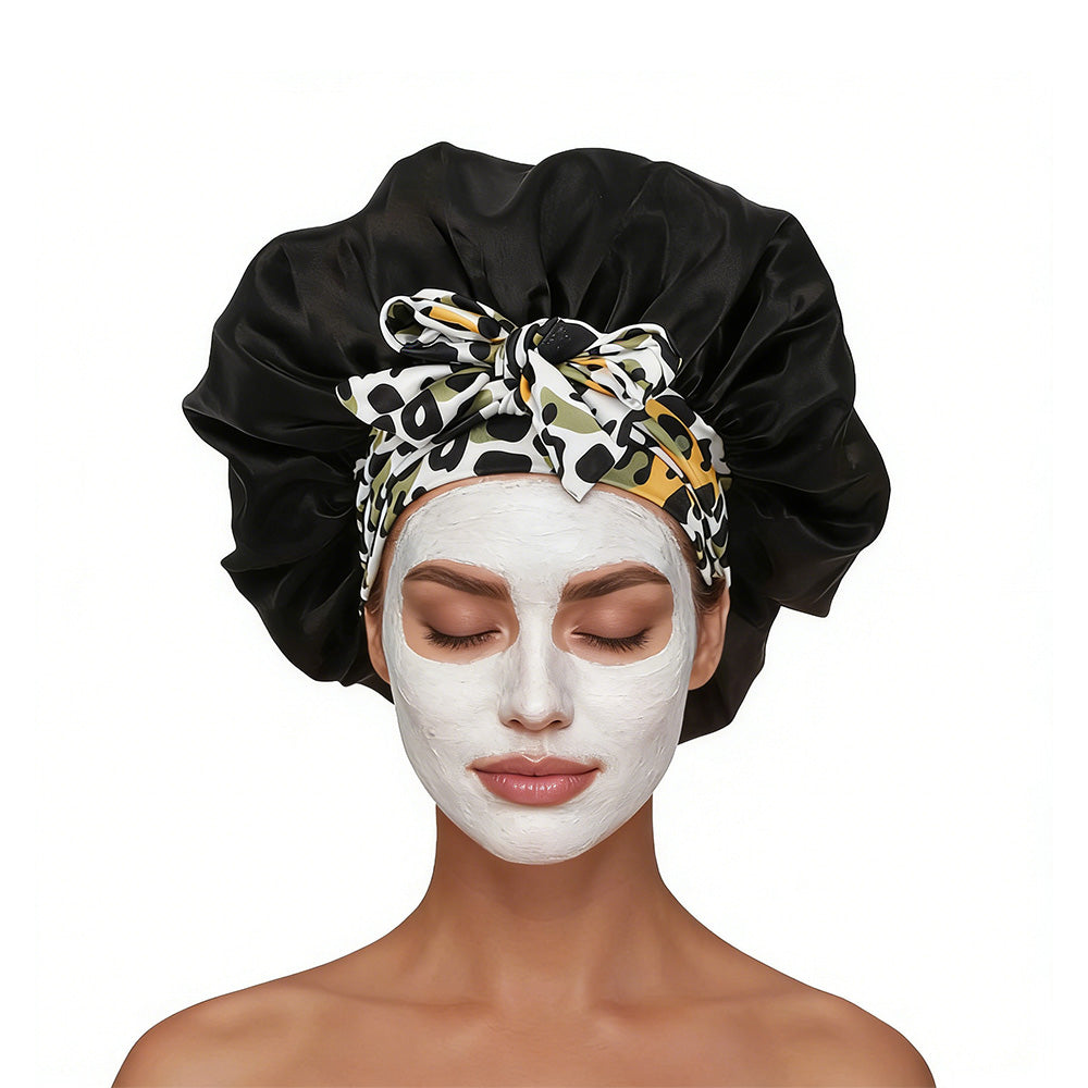 Satin Bonnet for Sleeping Double Layer Sleep Hair Bonnets Caps for Curly Braid Hair-Black