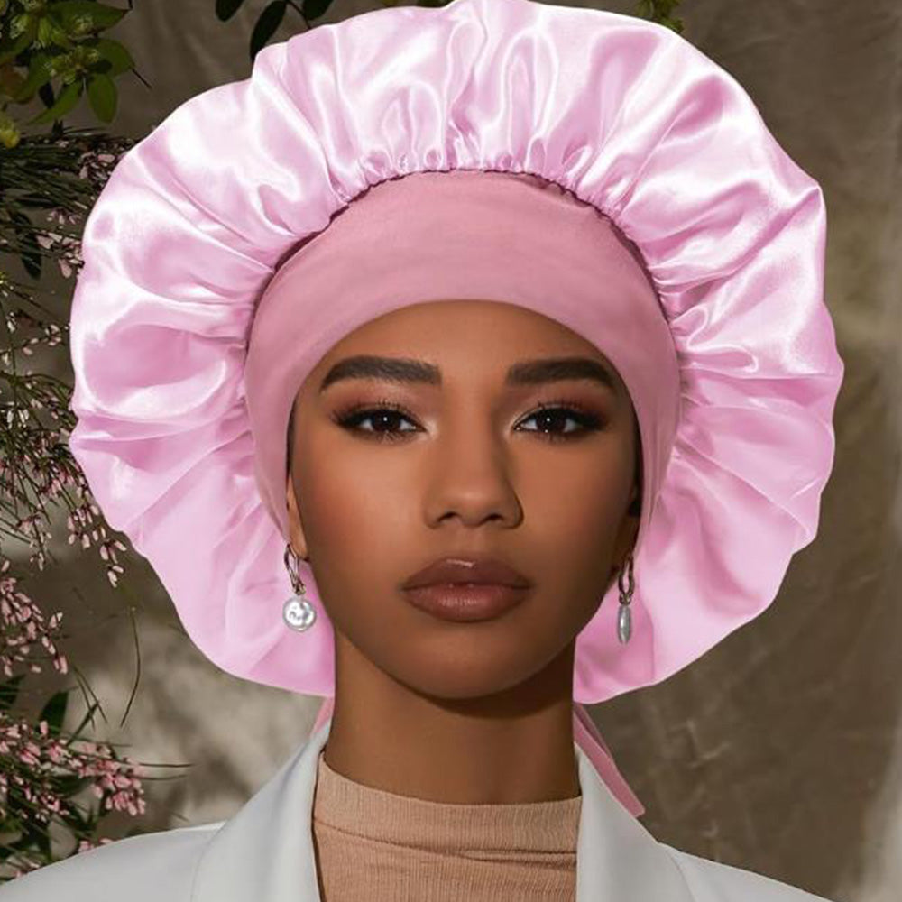 Satin Night Sleep Cap for Women Hair Bonnet with Elastic Band Pink