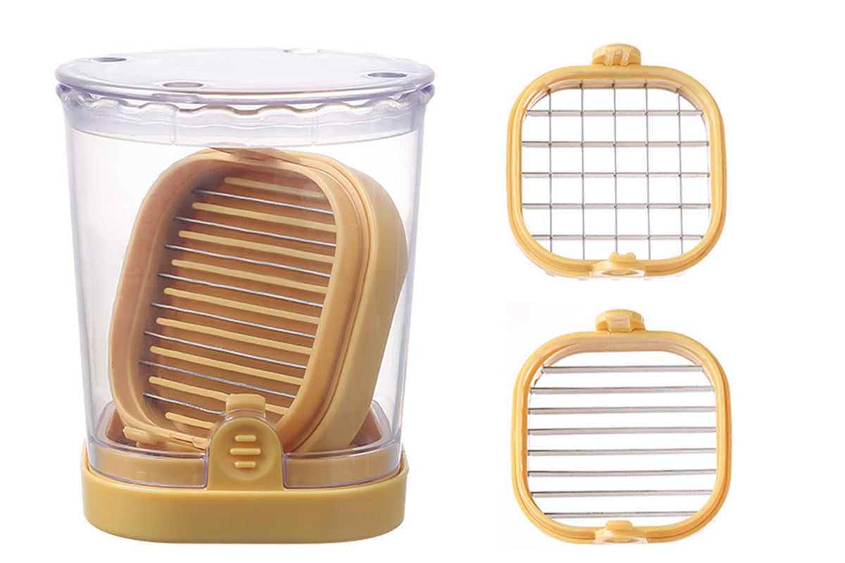 2-in-1 Kitchen Fruit Slicer Cup with Removable Blade and Push Plate for Strawberry Banana -Yellow