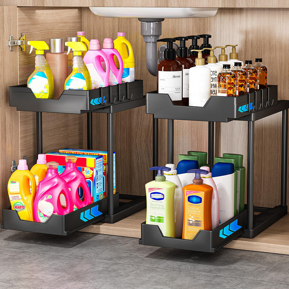 2-Tier Double Sliding Under Sink Organizers Bathroom Cabinet Shelf Organizer Storage Rack Black