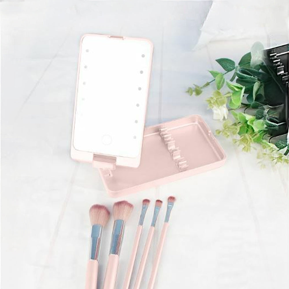Rotating LED Vanity Mirror with 5 Cosmetic Brushes Portable Travel Makeup Mirror with Light Pink