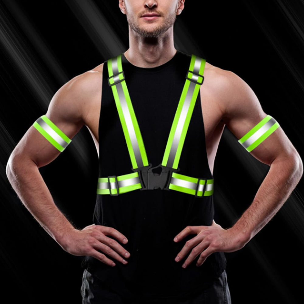 2Pcs Adjustable Reflective Vests and 4 Bands High-Visibility Elastic Gear for Night Running Cycling Green