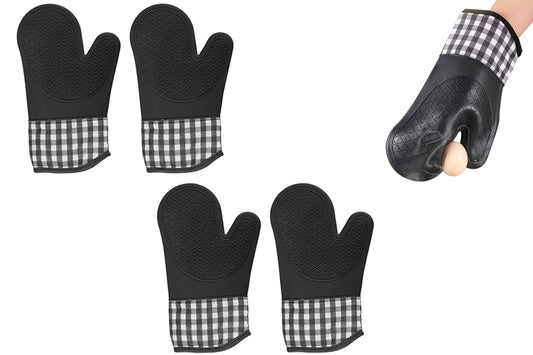 2 Pairs Of Silicone Heat Resistant Gloves Kitchen Cooking Baking Microwave Oven Mitts-Black