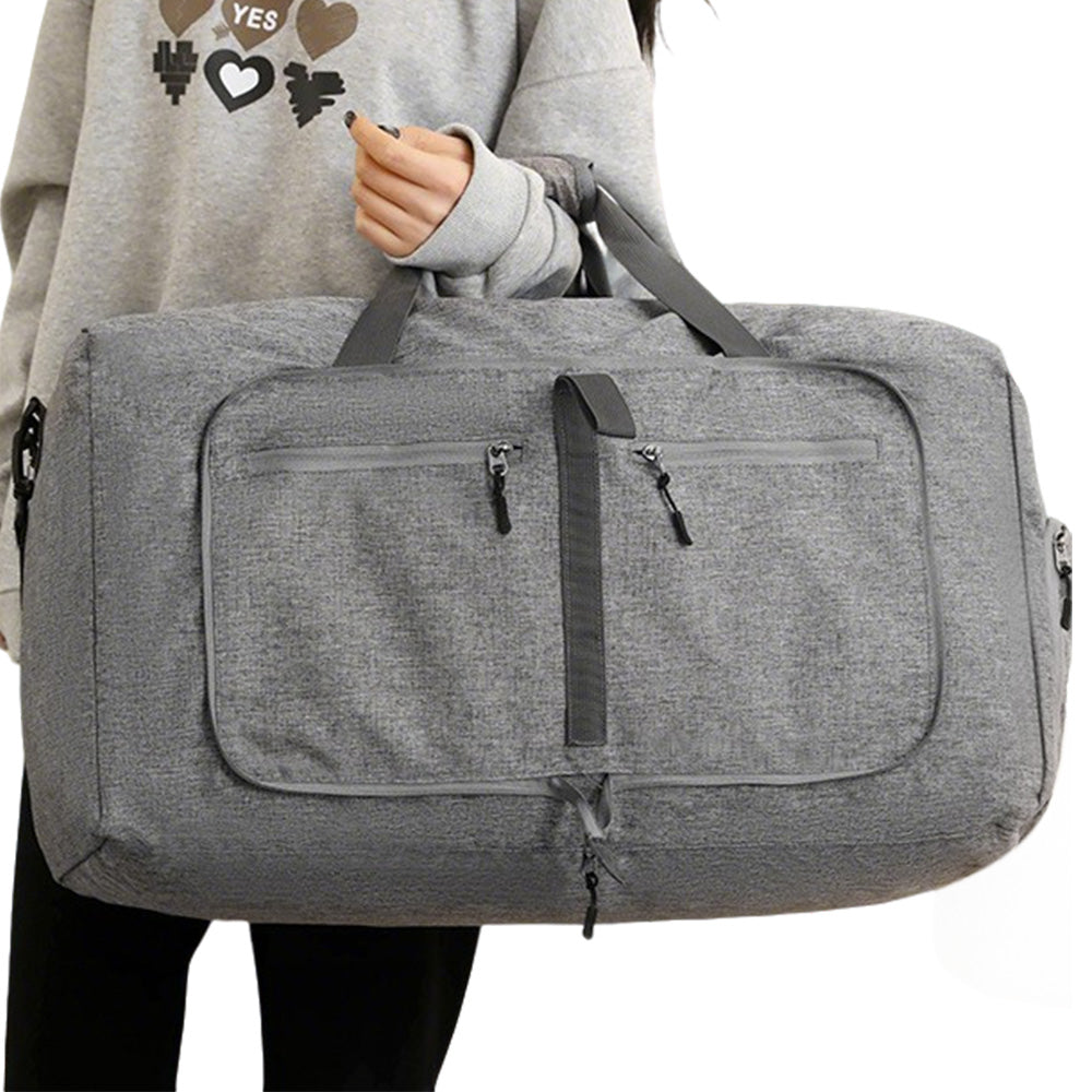 Large Foldable Travel Duffel Bag Carry-On Shoulder Bag with Shoe Compartment Grey