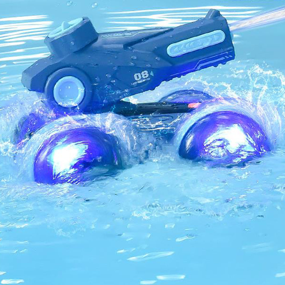 Amphibious Remote Control Car Boat Toy RC 4WD Stunt Car with Lights for Kids Blue