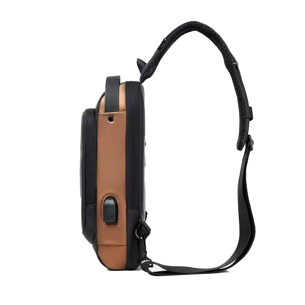 Anti theft Crossbody Sling Bag with USB Port Water-Resistant Sport Chest Bag Shoulder Bag Brown