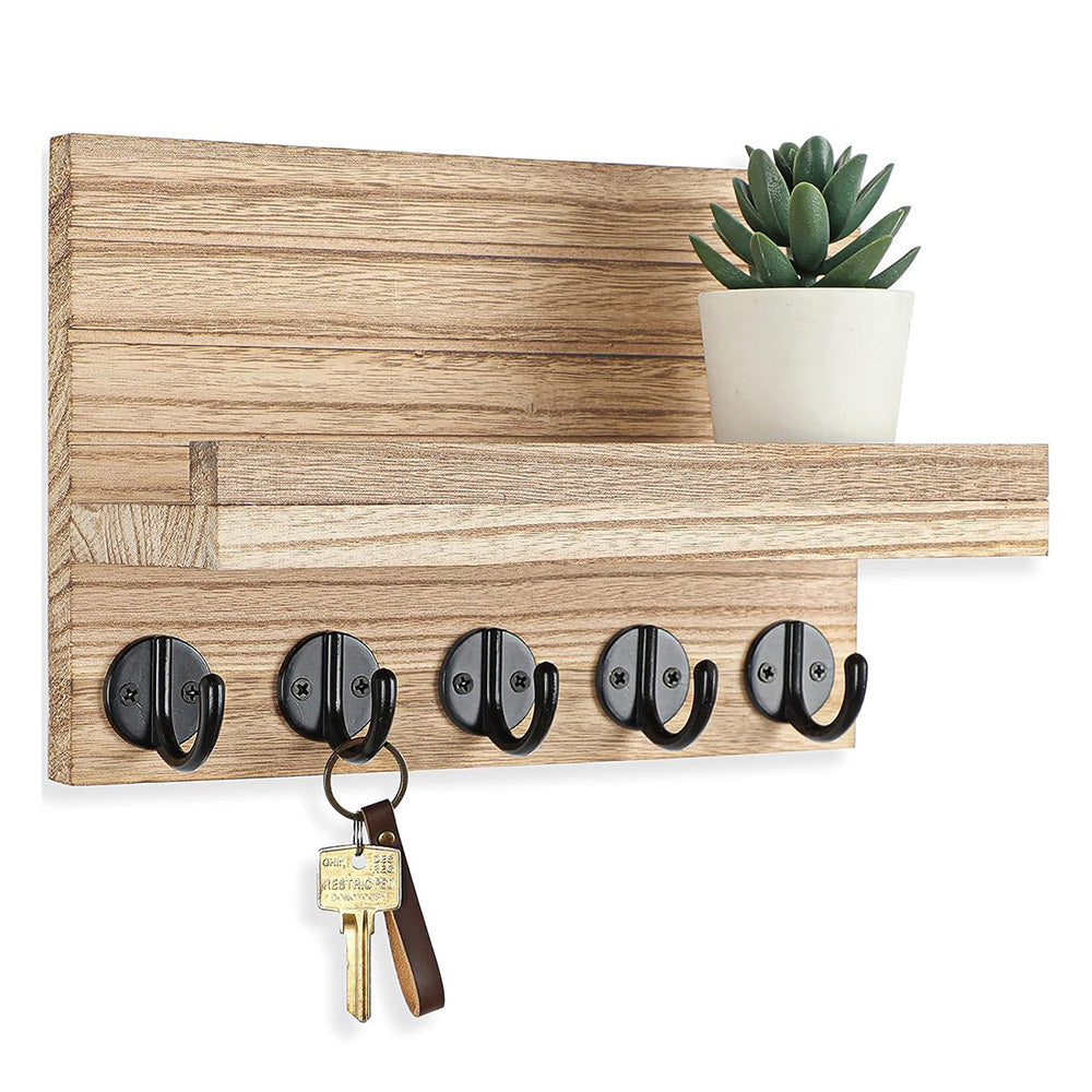 Rustic Wall Mounted Mail and Key Holder Organizer with Hooks for Entryway Wood Color