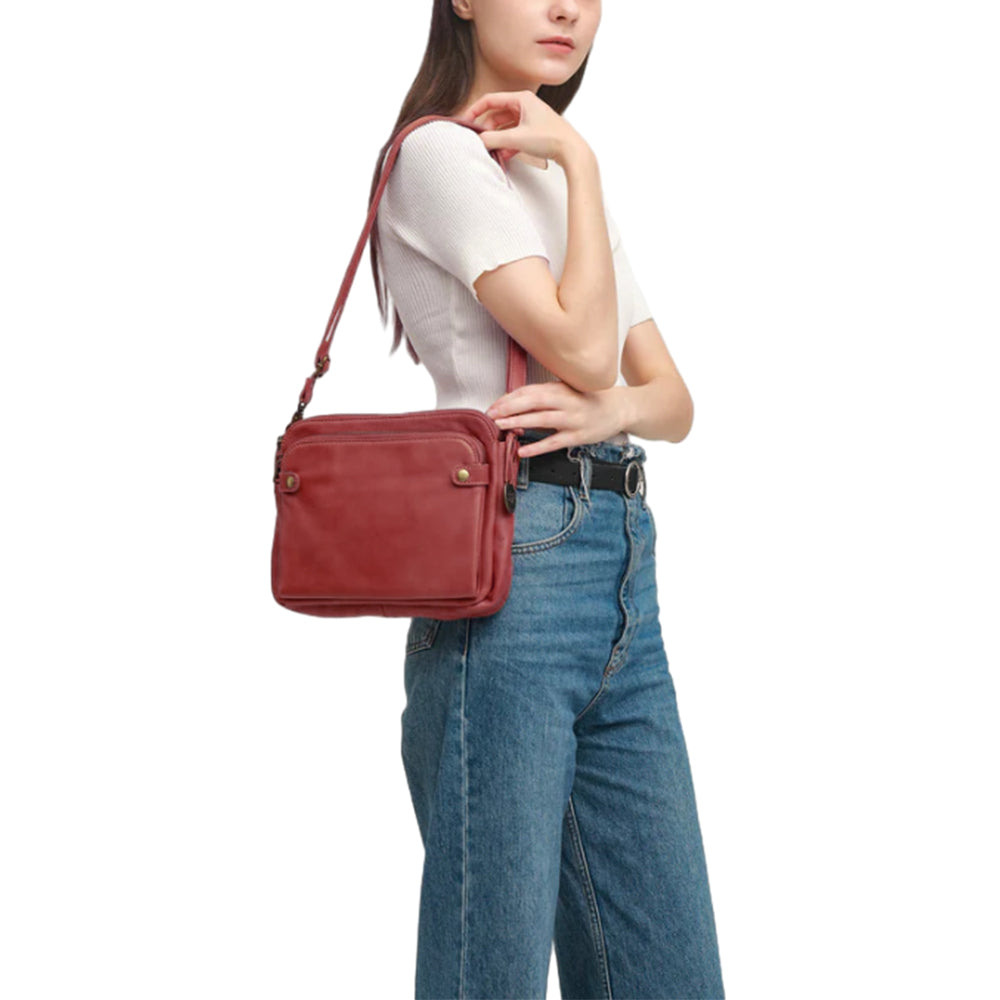 Women PU Leather Crossbody Bag Multifunctional Three Layer Purse Shoulder Bag Tote Red
