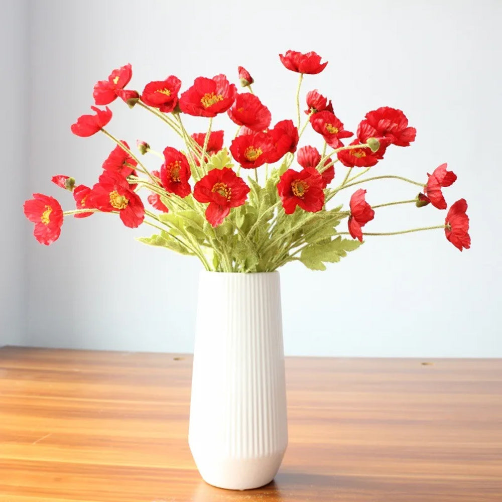 3Pcs 4-Head Artificial Corn Poppy Flowers Flocking Stem Bouquet Home Office Decor Red