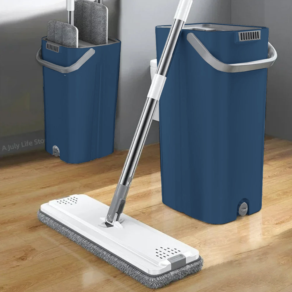 360-degree Rotatable Flat Floor Mop and Bucket Set with 4 Microfiber Mop Pads Floor Cleaning Tool Blue