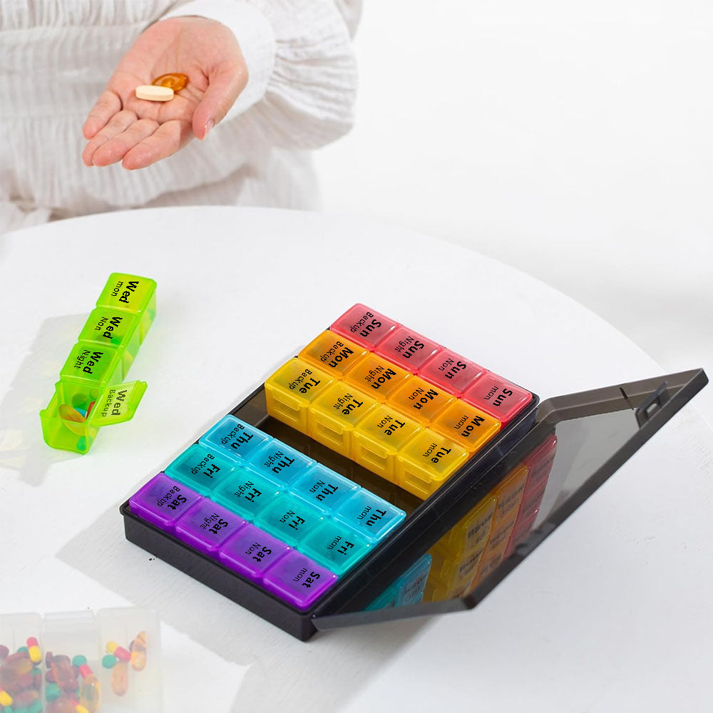 7-Day 28 Compartments Pill Box Medicine Organiser with Snap Lids for Vitamin Fish Oil Medicine Black and Rainbow
