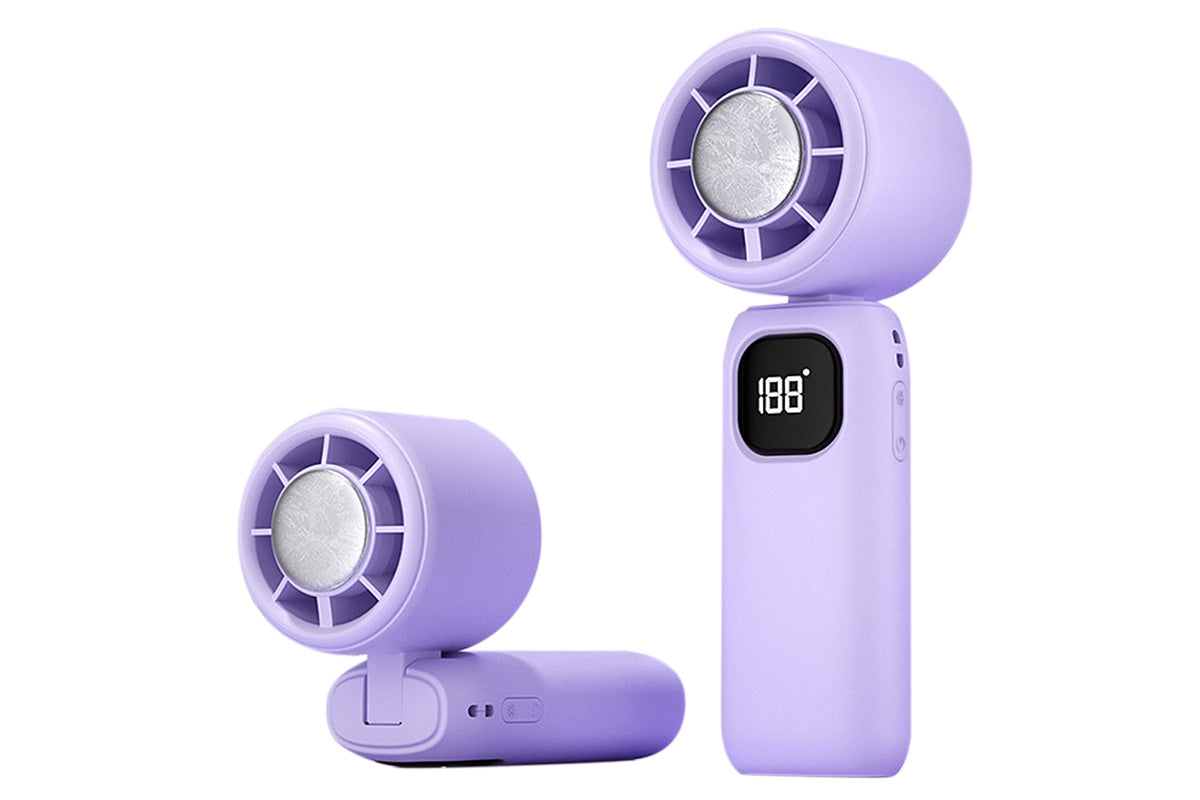 100 Speeds Digital Display Cooling Fan USB Fan with Lanyard and Phone Holder Base-Purple