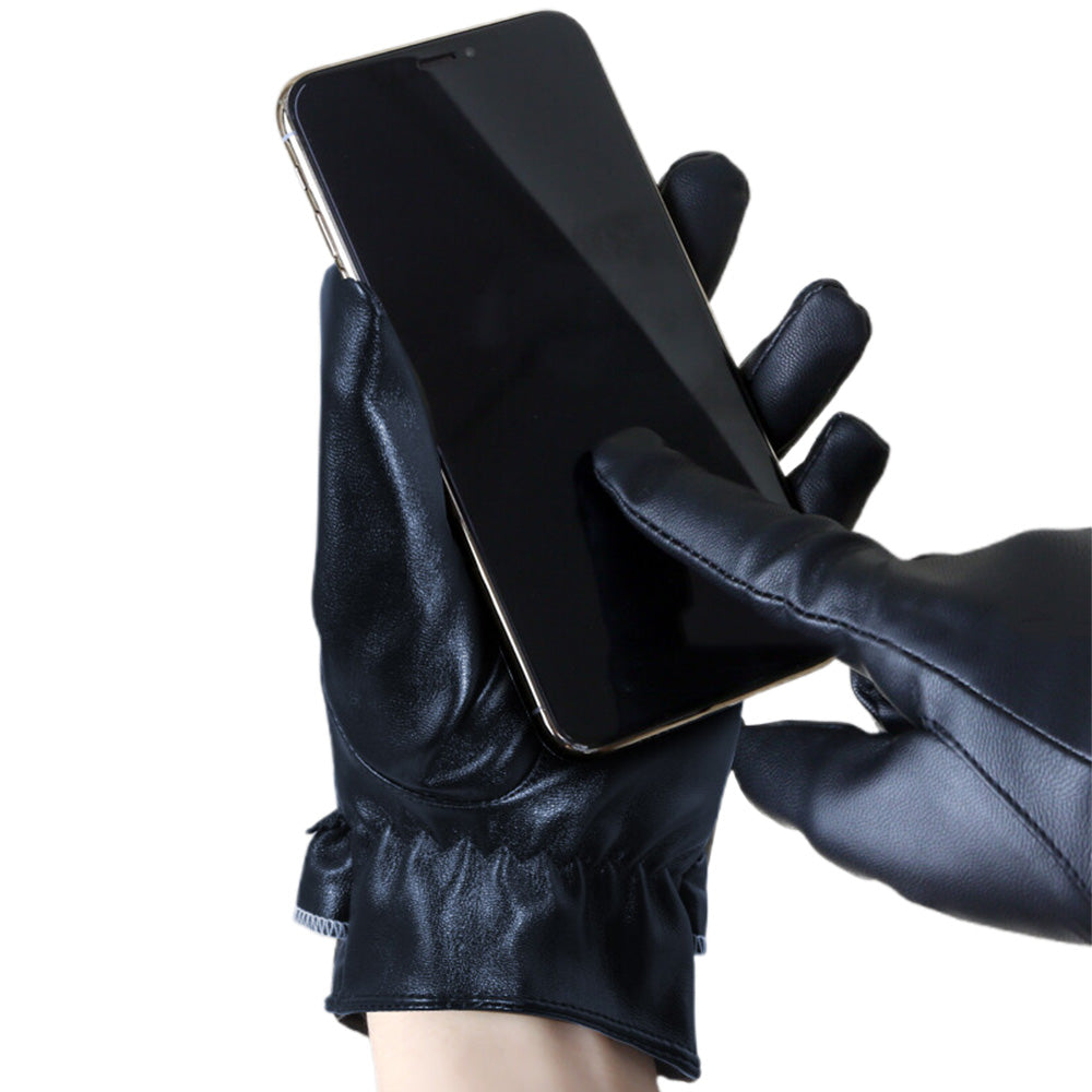 Pair of Women Winter Gloves Touch Screen Driving Warm PU Leather Gloves Style 2