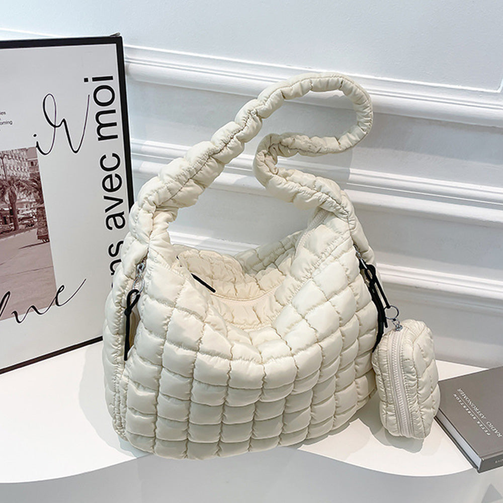 Puffer Tote Bag Quilted Puffy Crossbody Carryall Handbag White