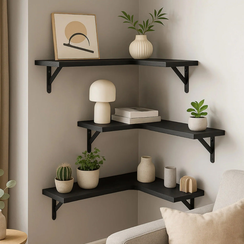 Corner Floating Shelves Set of 3 Wall Mounted Rustic Wood Storage Display Shelves-Black