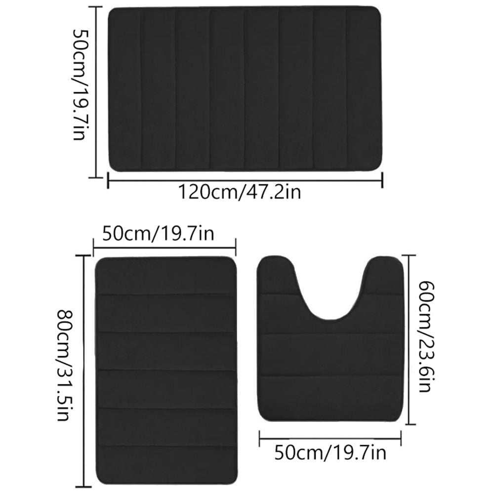 3 Pieces Set Water Absorption Bathroom Floor Mats Non-Slip Bath Mats Black