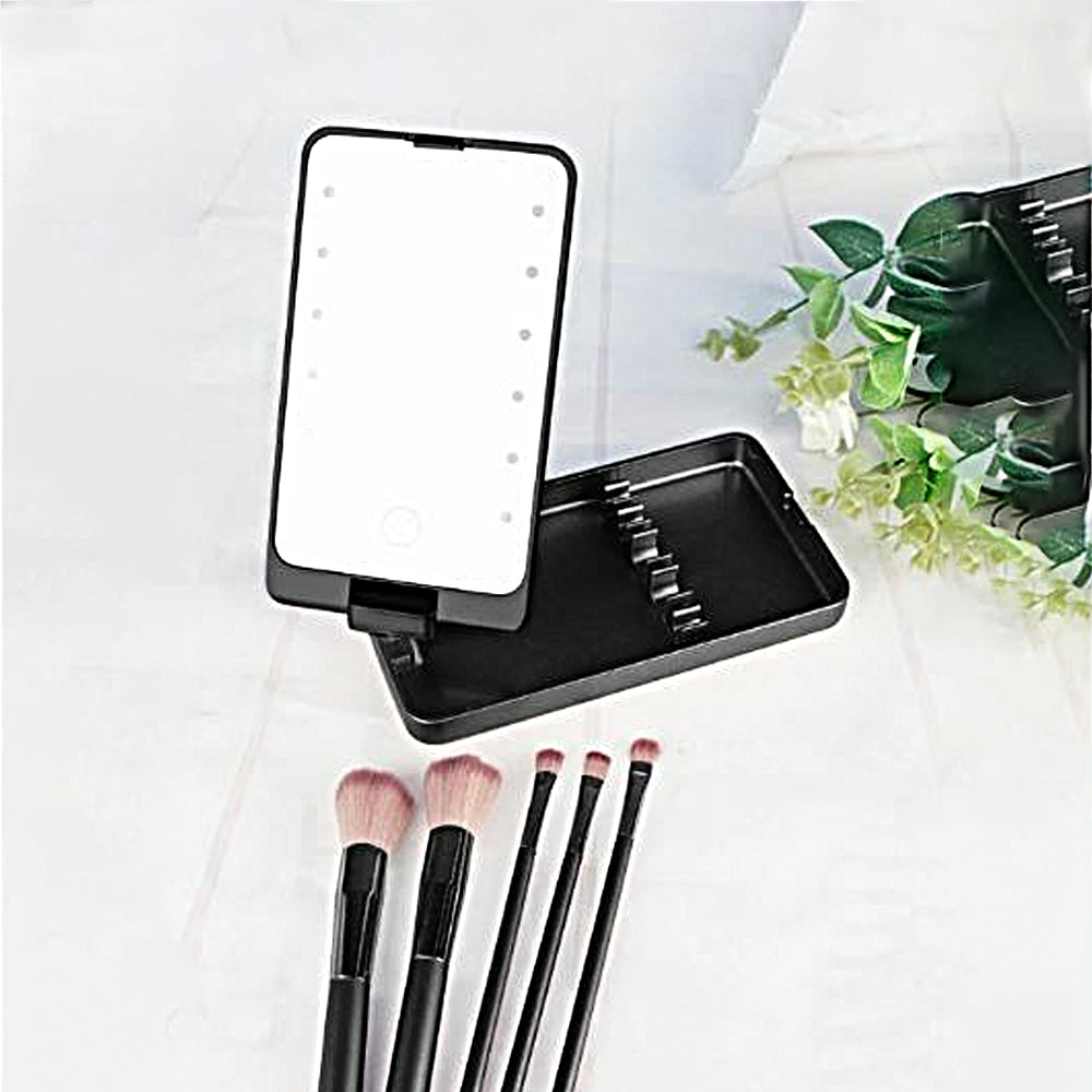 Rotating LED Vanity Mirror with 5 Cosmetic Brushes Portable Travel Makeup Mirror with Light Black