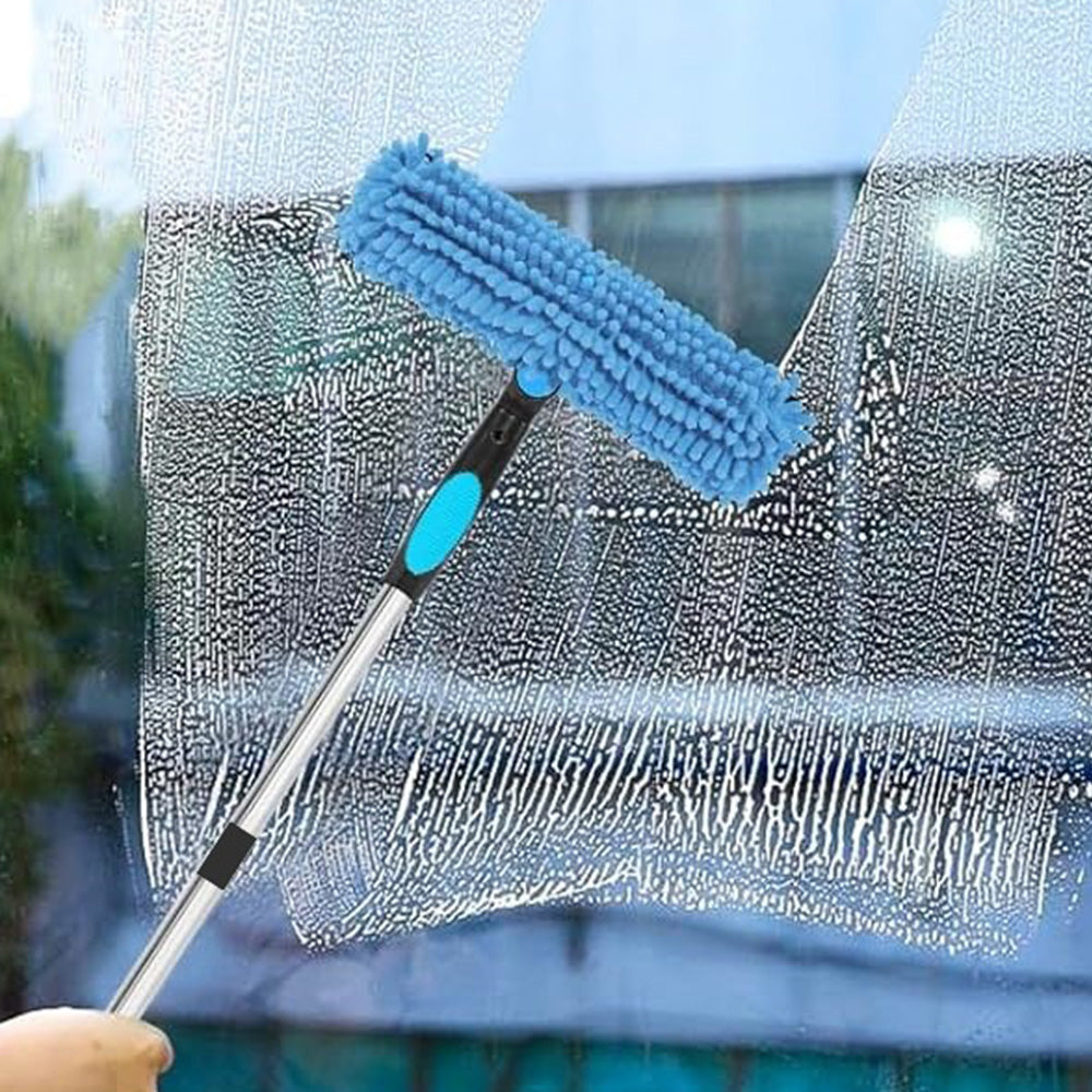 2-in-1 Extendable Window Squeegee Cleaner Tool Rotating Scrubber with 2 Replacement Cloths Blue