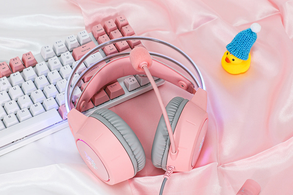 Gaming Headset with Microphone RGB Lighting Wired Over Ear Headphones Surround for PC Laptop PS4 PS5 Xbox Switch -Pink