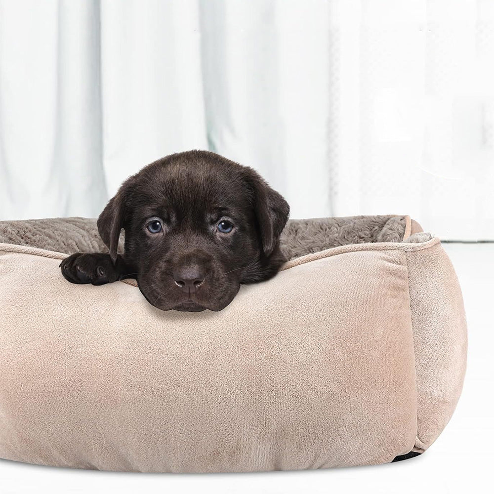 Plush Pet Bed Raised Sides Soft Calming Sleeping Puppy Cuddler Camel