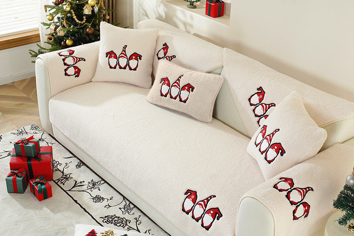 Christmas Sherpa Fleece Slipcover Protector Sofa Throw Cover Soft Thick Cozy Sofa Throw-Beige