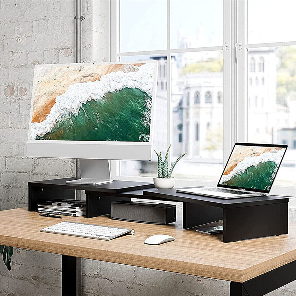 Dual Monitor Stand Riser Adjustable Desk Stand for iMac Laptop & Books Black