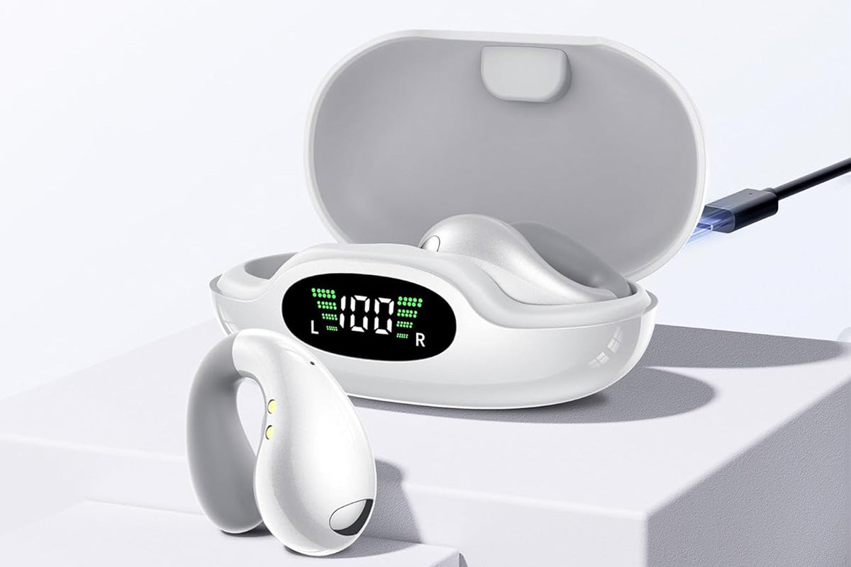 Open Ear Earbuds Ergonomic Clip-On Earbuds Bone Conduction Over-The-Ear Headphones-White