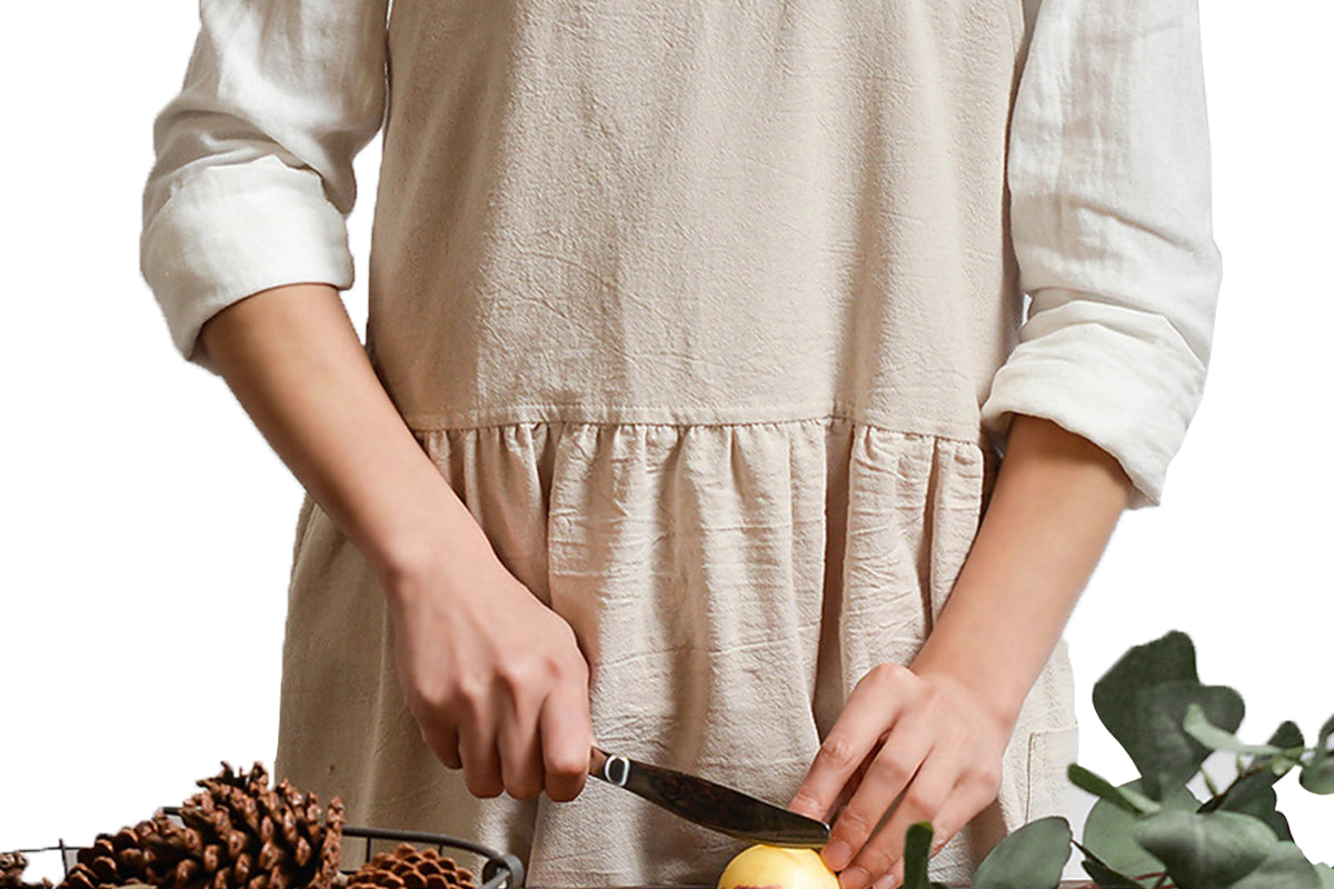 Cotton Linen Aprons Cross Back Apron with Pockets for Women with Pockets Pinafore Dress for Baking Cooking-Beige