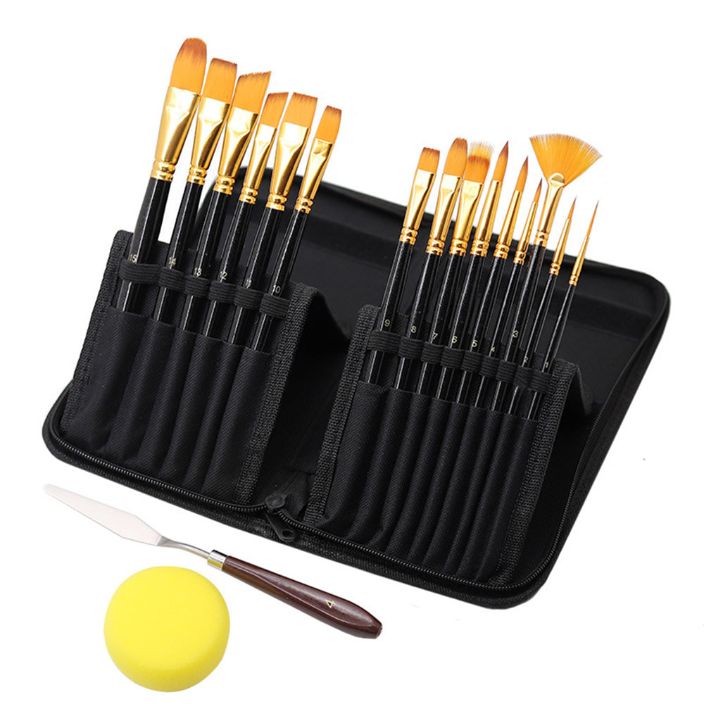 15Pcs Set Artist Paint Brushes with Sponge Brush for Watercolour Oil Painting Black