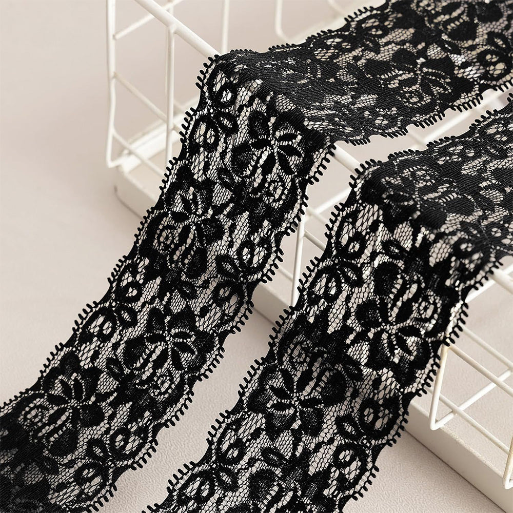 10 Yards Elastic Floral Lace Trim Stretch Ribbon for Sewing and DIY Crafts - Black