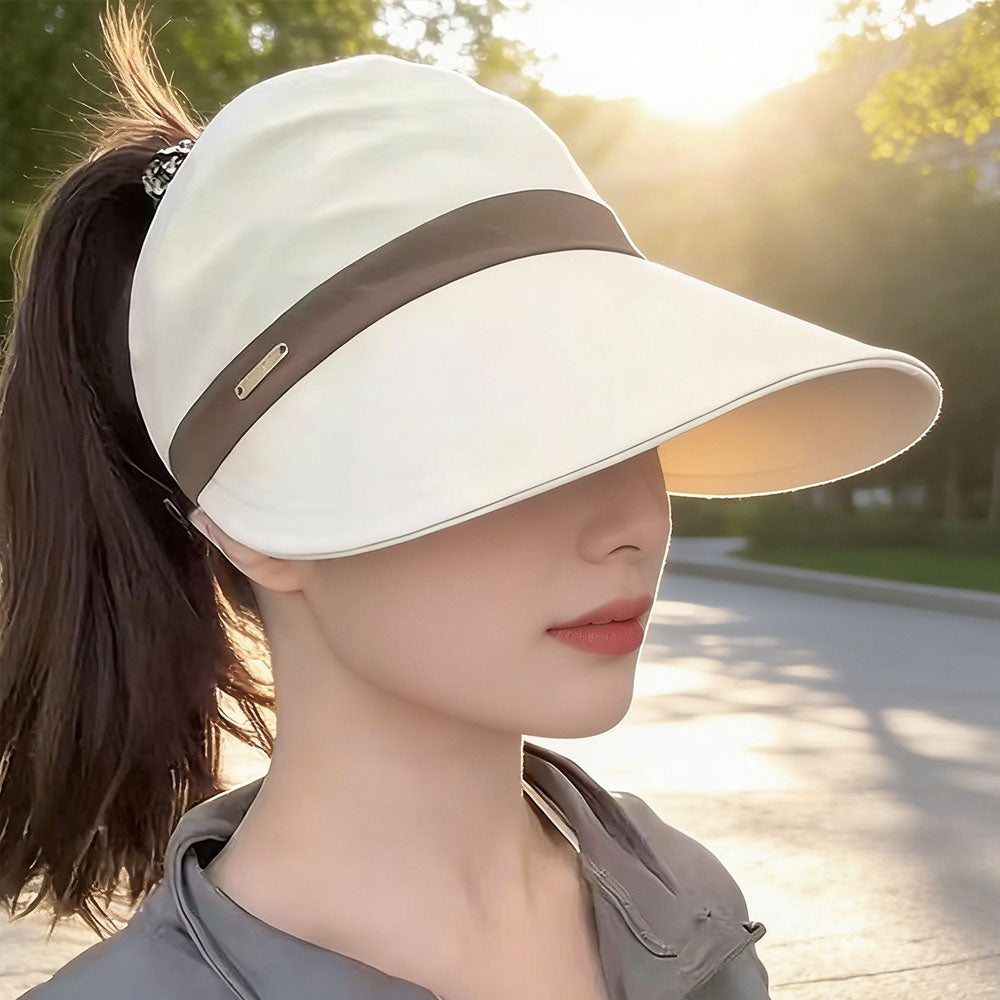 Womens Wide Brim Ponytail Sun Hat Breathable Beach Capp - Beige