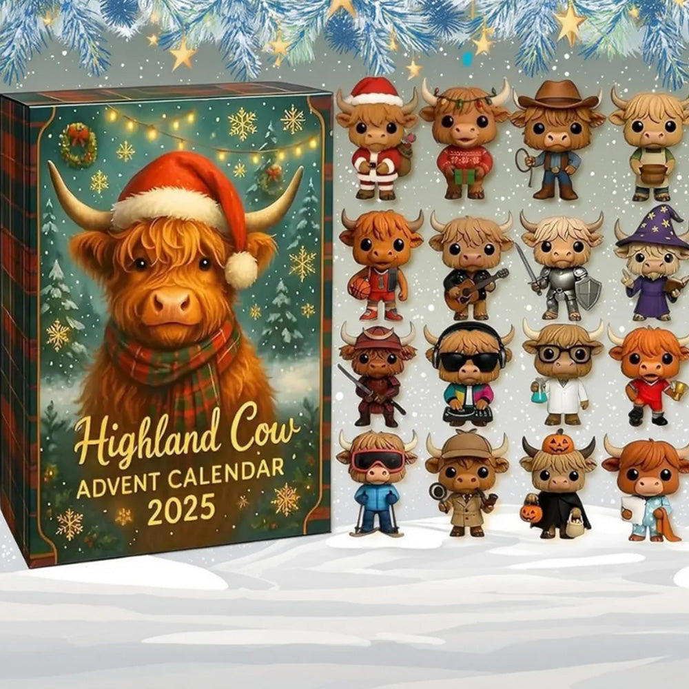 2D Highland Cow Advent Calendar 24-Day Christmas Countdown for Xmas Tree Style 2