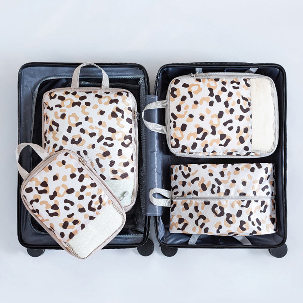 4Pcs Travel Compression Packing Cubes Expandable Luggage Organizers Leopard