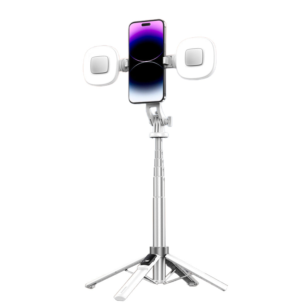 Portable Phone Tripod Stand Retractable Selfie Stick with Remote Control and Fill Light for Photograph Video Recording White